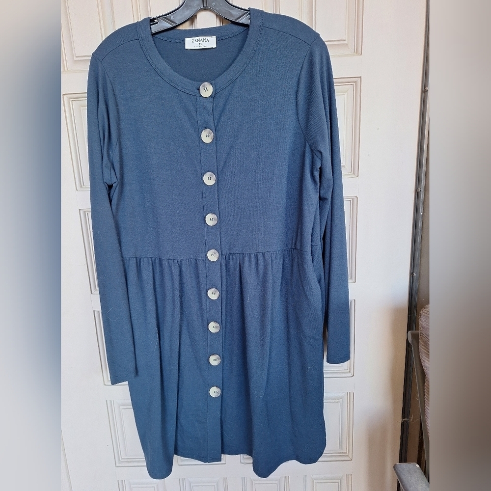 Zenna Dress SzXl Basic Button Front Gather Waist Blue Shorter Lng Sleeves Pocket